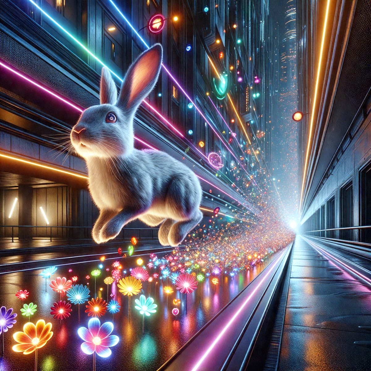 The primary subject of the image is a bunny rabbit, which is the main focus of the scene. The bunny is flying through the air, surrounded by a vibrant and colorful environment. The setting includes a rainbow-colored tunnel, and the visual style appears to be a digital art or illustration. The dominant colors in the image are bright and lively, creating a cheerful and energetic atmosphere.